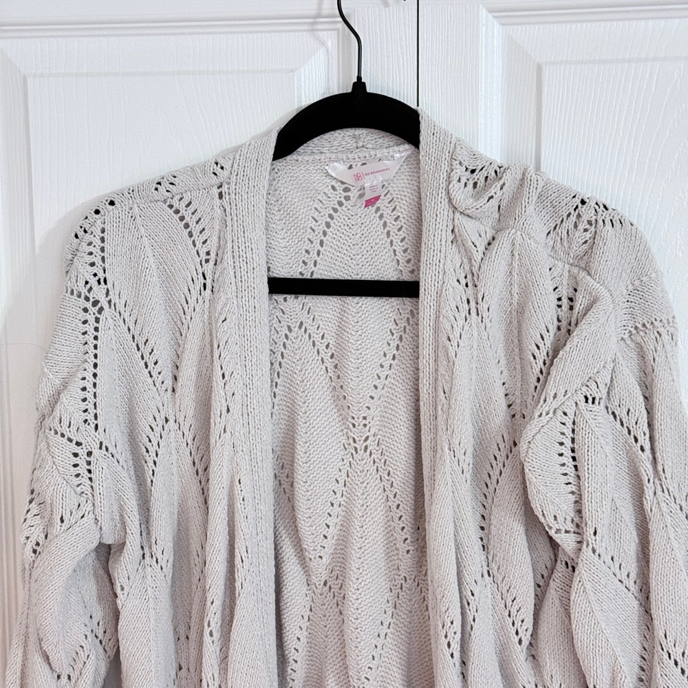 No Boundaries Cardigan XL Beige Pointelle Knit Open Front Long Sleeve Pockets - Picture 2 of 6